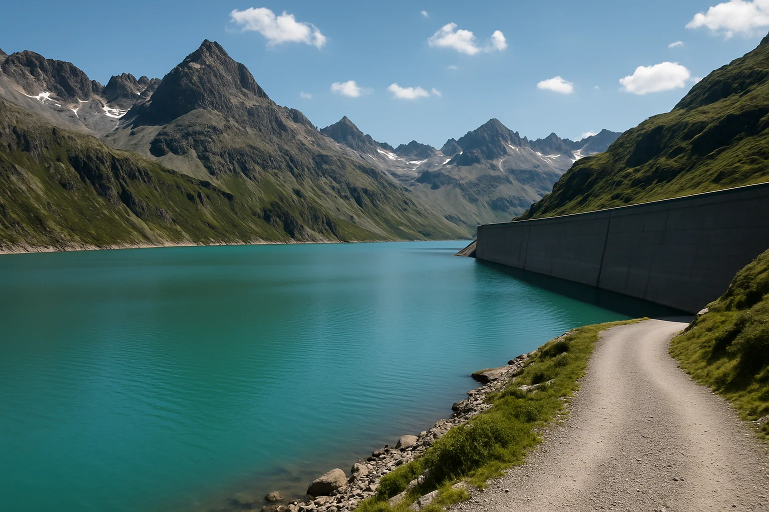 Bild 3: Stausee mit Staumauer und Schotterweg vor felsigen Gipfeln