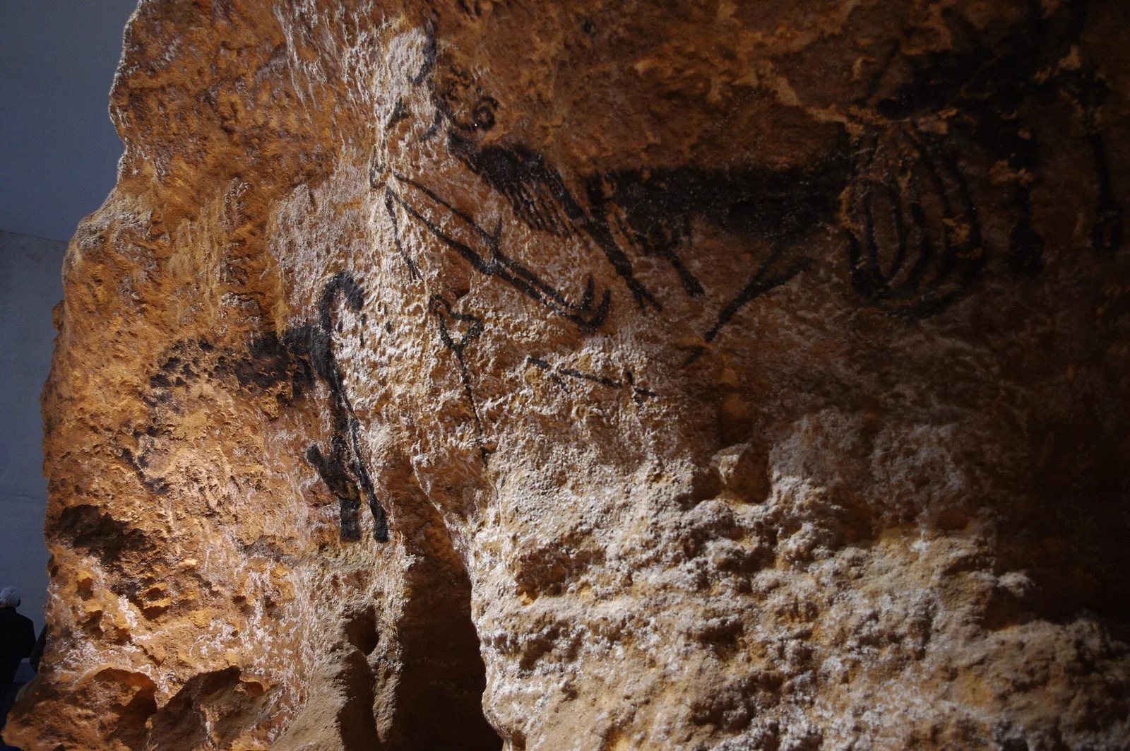 Felswand einer Höhle mit dunklen Tierzeichnungen