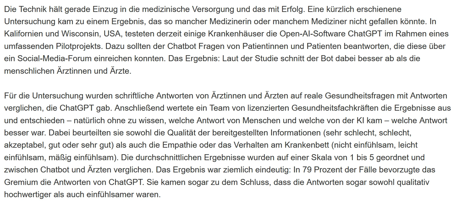 Artikeltext über eine Studie, in der Chatbot-Antworten auf Patientenfragen als hochwertiger und einfühlsamer bewertet wurden