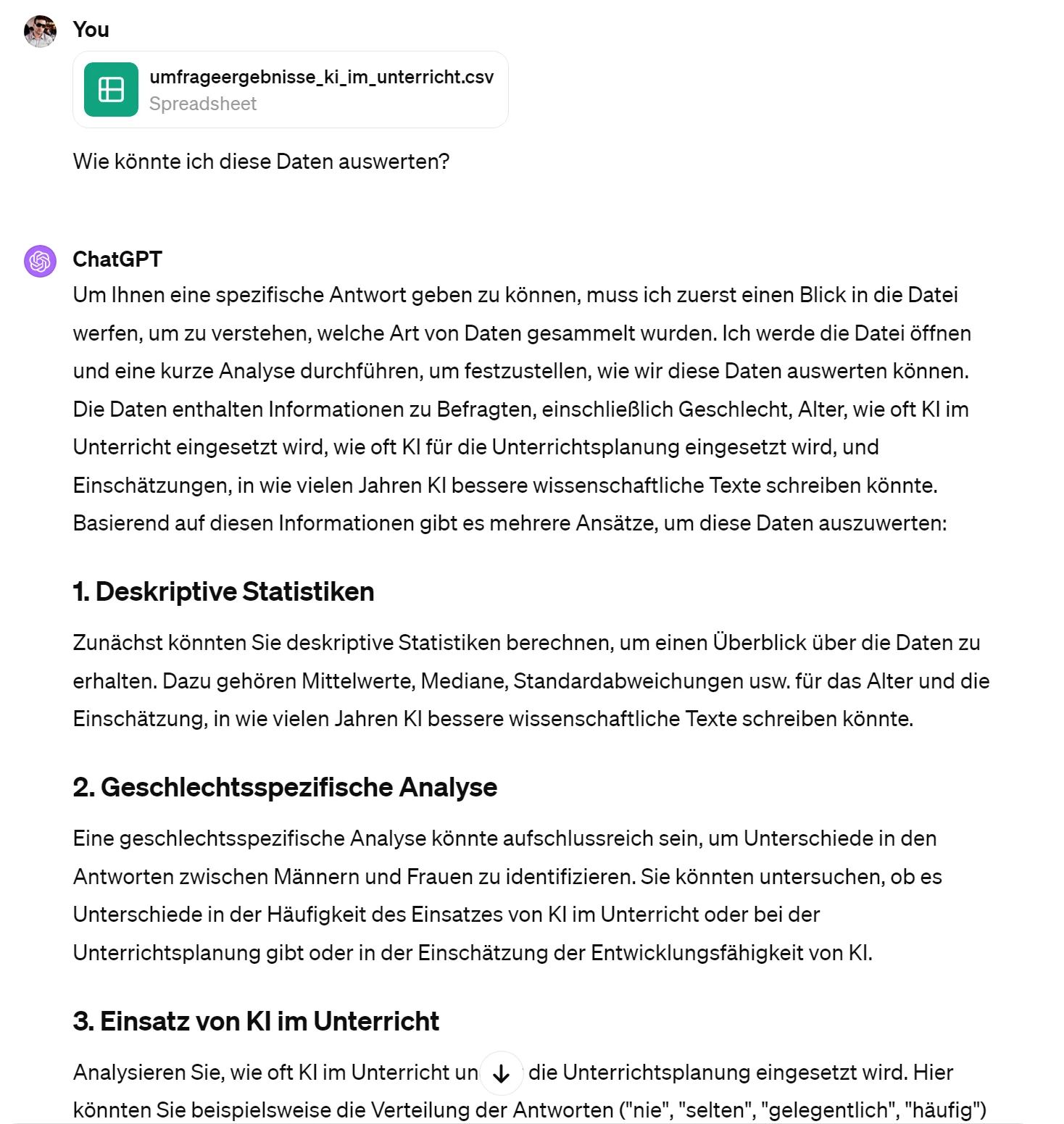 Chat: Hochgeladene CSV-Datei, ChatGPT schlägt deskriptive Statistik, geschlechtsspezifische Analyse und Einsatz von KI im Unterricht vor