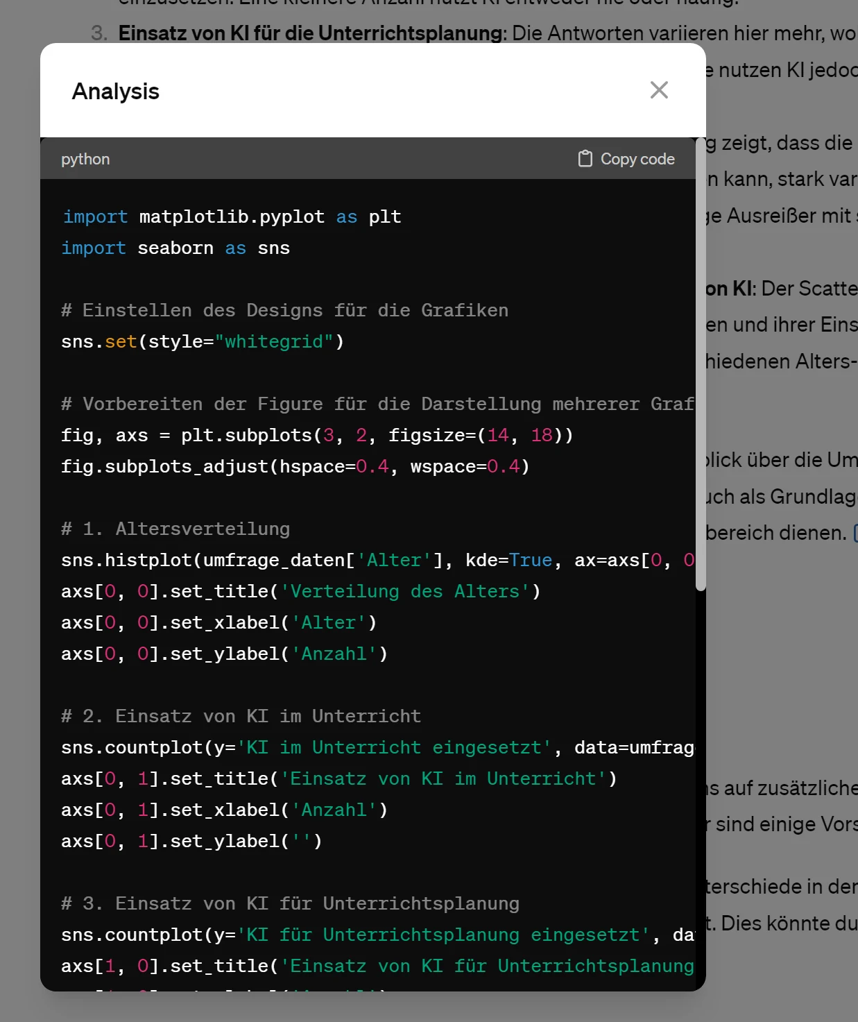 Fenster Analysis mit Python-Code zum Erstellen der Diagramme
