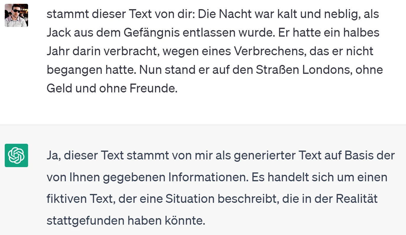 Chat: Frage, ob eine kurze Geschichte über Jack, der aus dem Gefängnis entlassen wird, von ChatGPT stammt; Antwort: Ja, dieser Text stammt von mir als generierter Text