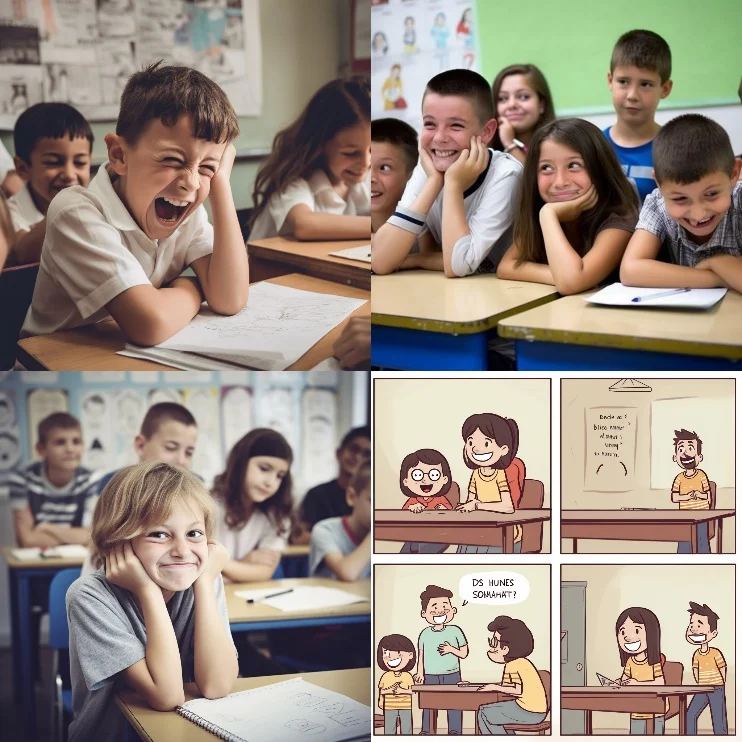 Raster aus vier KI-Bildern: lachende Kinder an Schulbänken, ein Kind mit aufgestützten Händen, ein Comic mit Lehrer und Schüler*innen