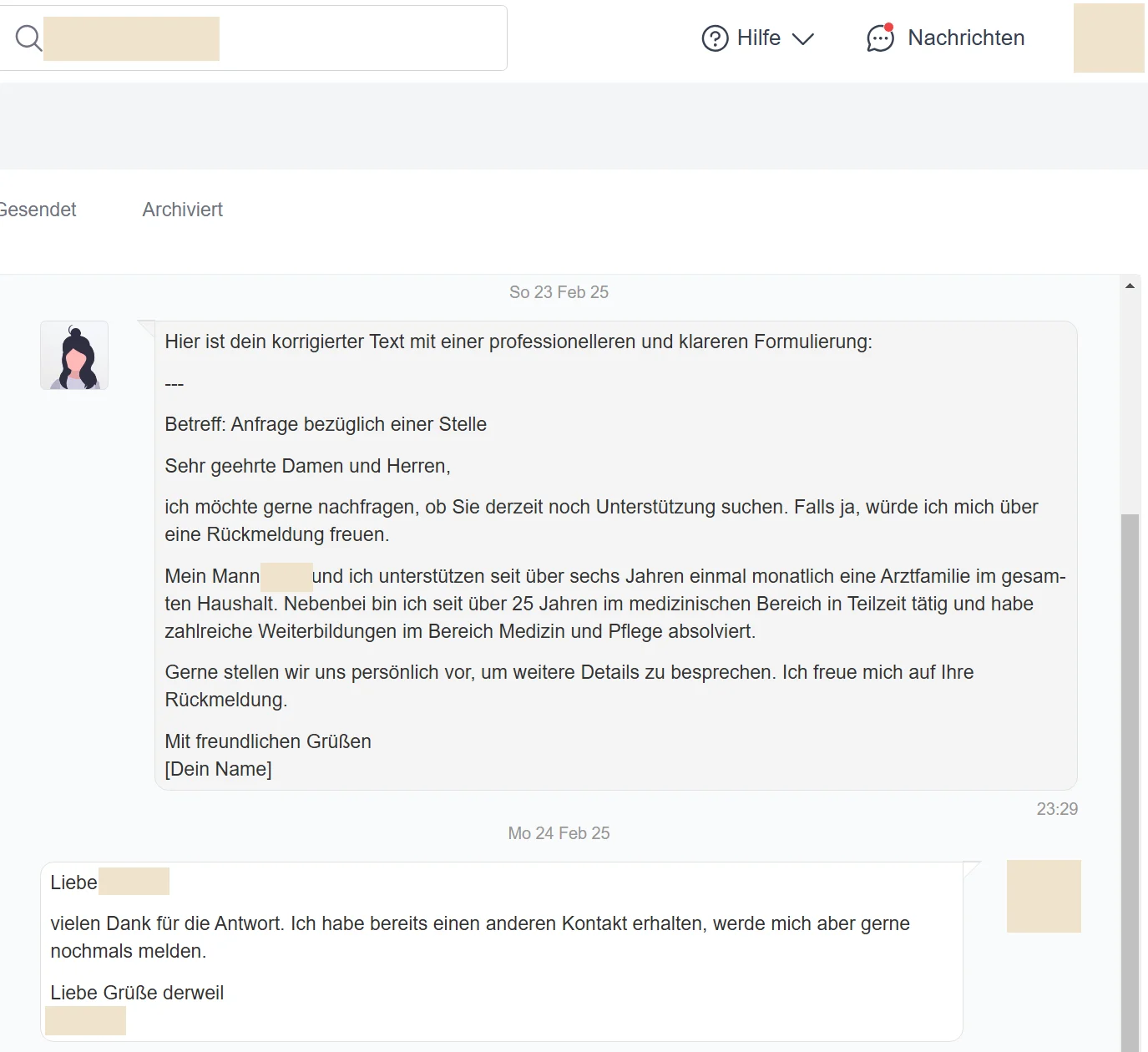 Nachrichtenverlauf: Bewerbungstext, der mit „Hier ist dein korrigierter Text …“ beginnt und mit „[Dein Name]“ endet; Ort, Namen und Profilfotos sind durch helle Flächen verdeckt