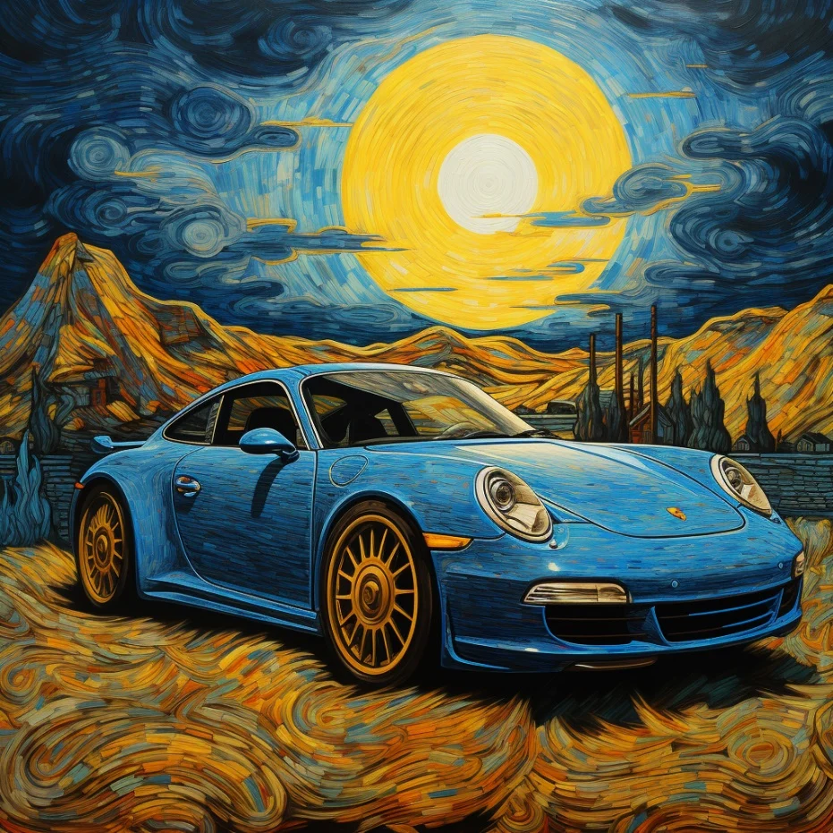 Blauer Sportwagen vor wirbelndem Sternenhimmel mit großer gelber Sonne, gemalt im Stil van Goghs