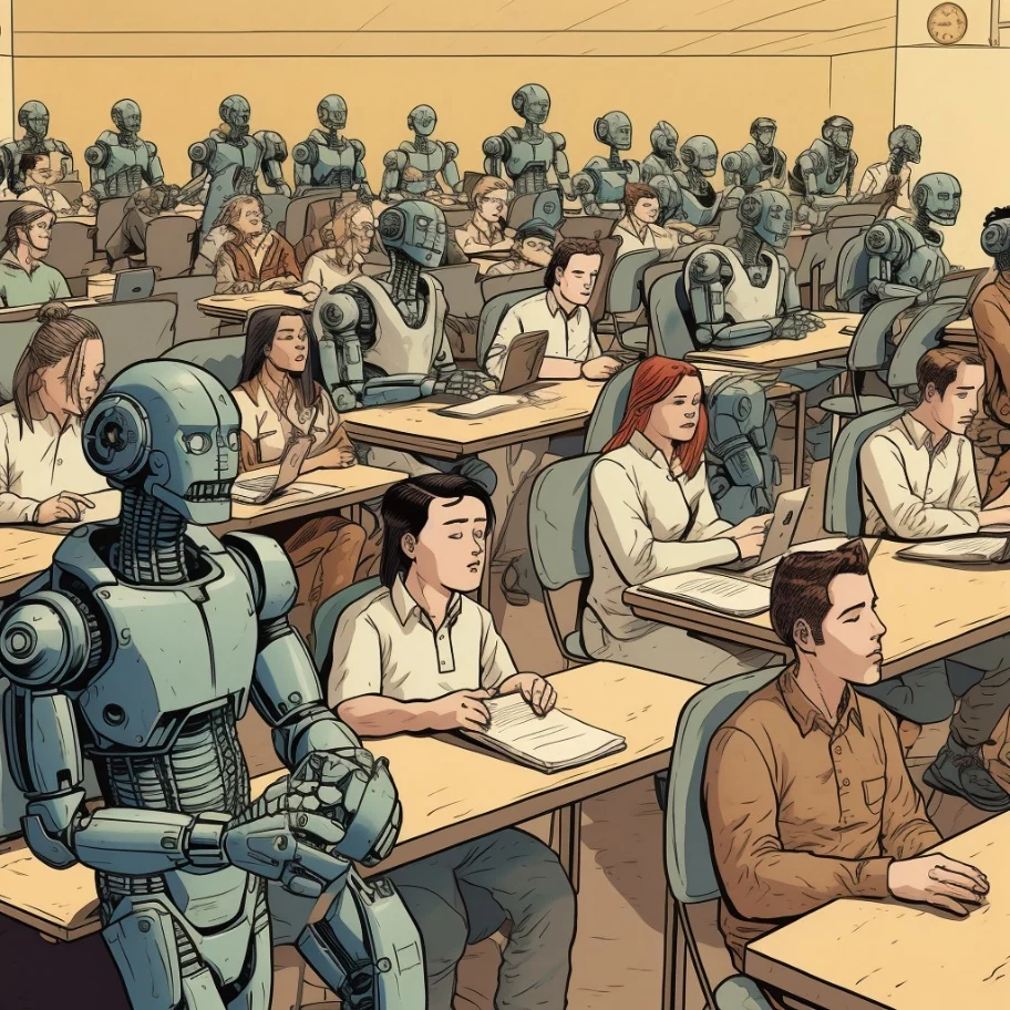 Comiczeichnung: Hörsaal, in dem Studierende und Roboter nebeneinander an Pulten sitzen