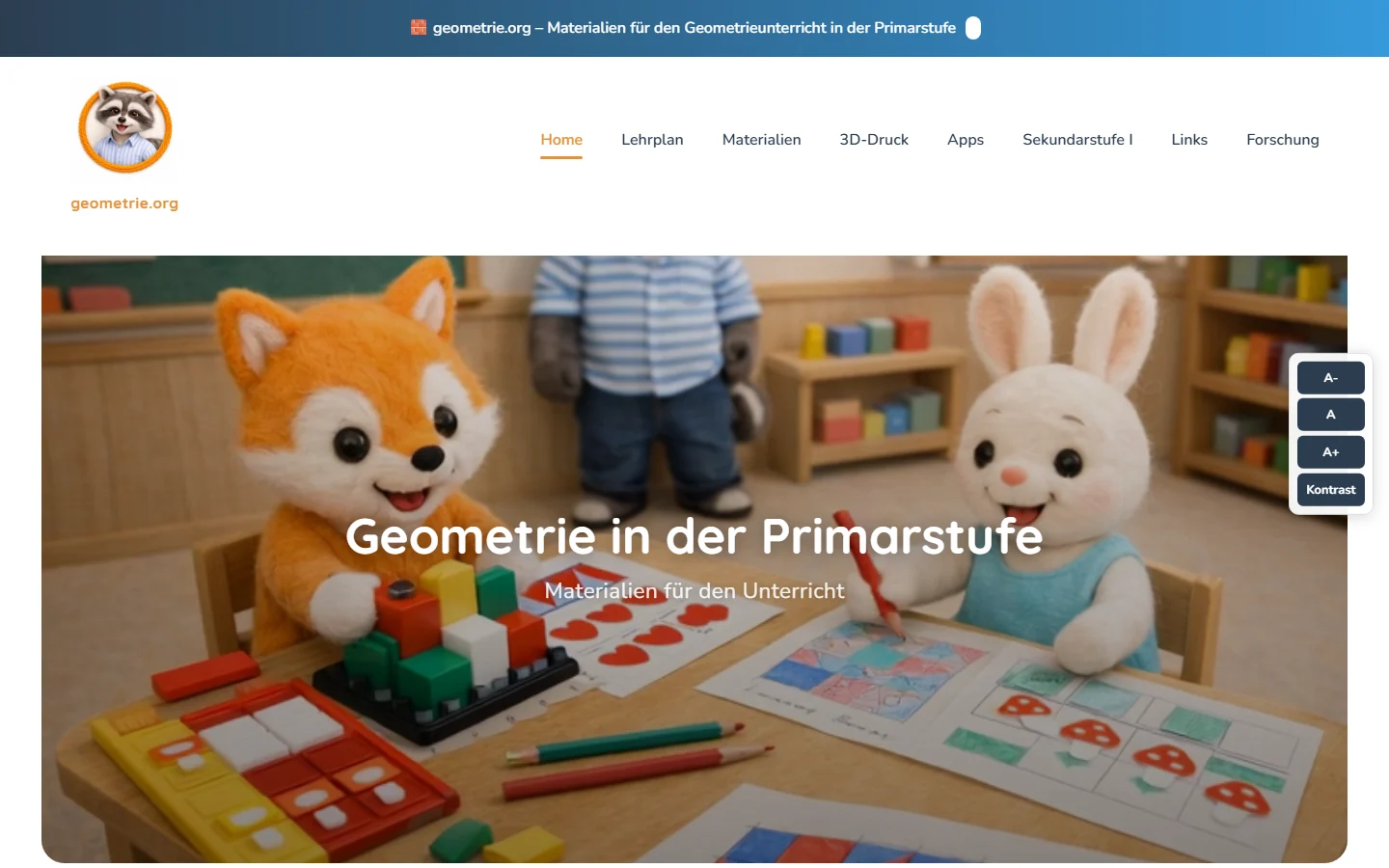 Startseite geometrie.org mit Stofftieren und Bauklötzen