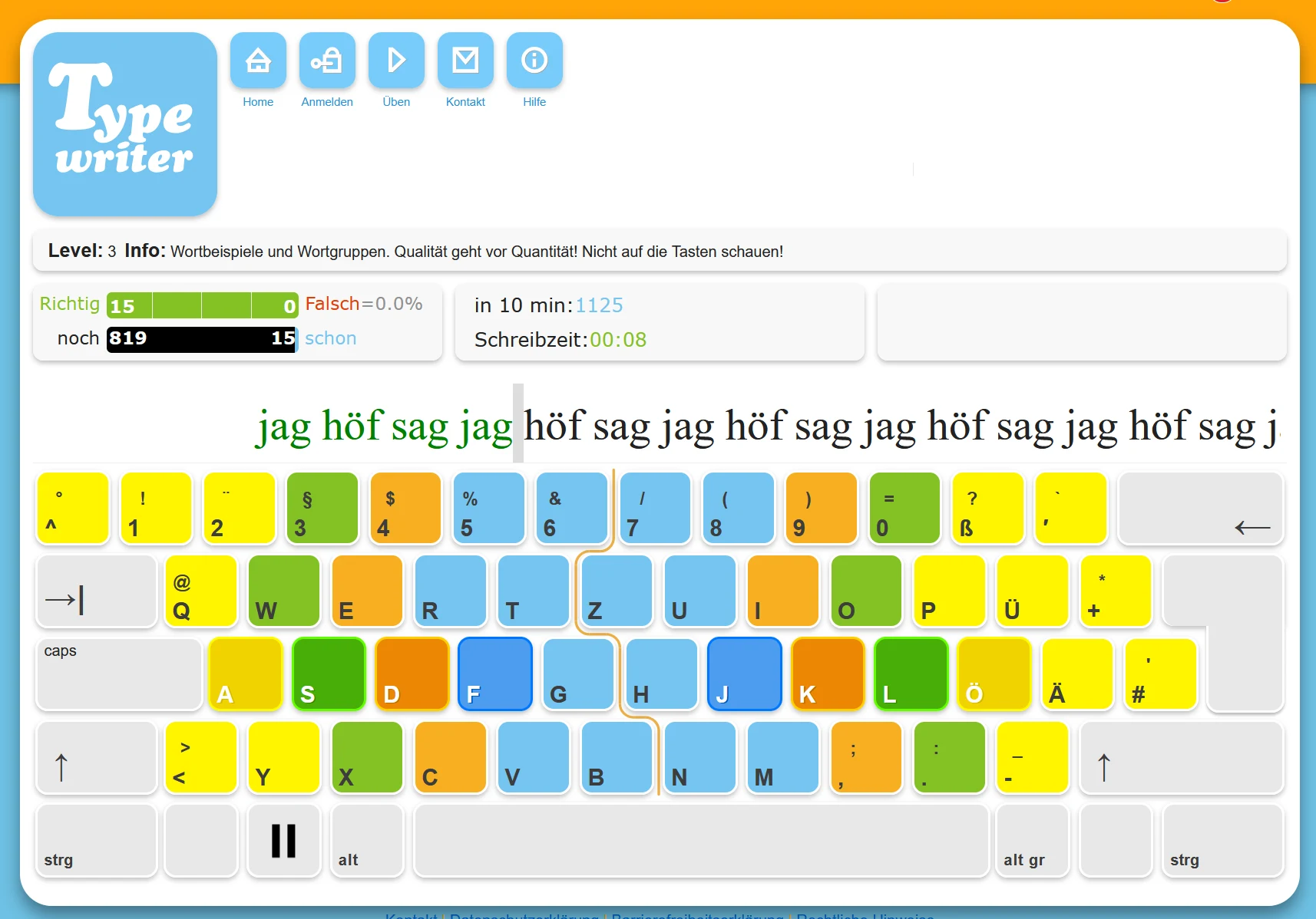 Typewriter-Übungsseite: farbige Bildschirmtastatur, darüber die Übungszeile „jag höf sag“, Anzeige richtig 15, falsch 0 Prozent