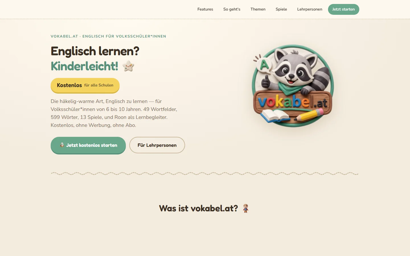 Startseite vokabel.at mit Waschbär-Logo