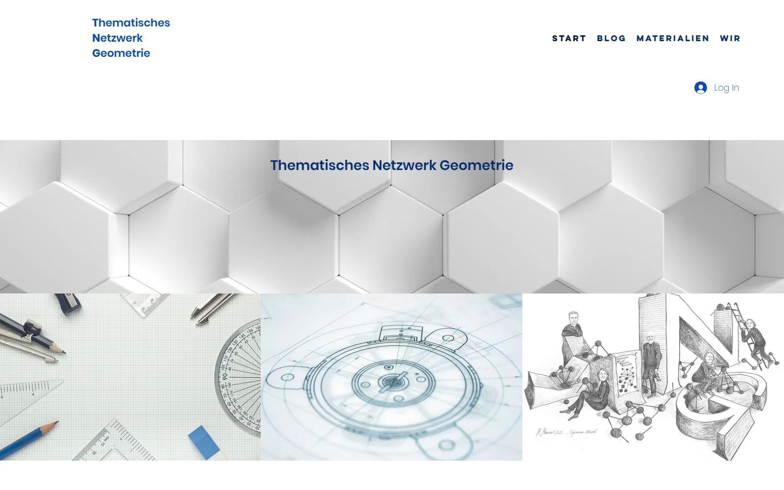 Startseite der bisherigen Website: Titel Thematisches Netzwerk Geometrie, Menü Start, Blog, Materialien, Wir, darunter Fotos von Geodreieck und Zirkel