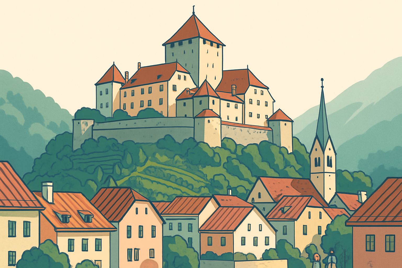 Die Schattenburg über der Altstadt — der Bergfried ist rechteckig, mit steilem Pyramidendach.