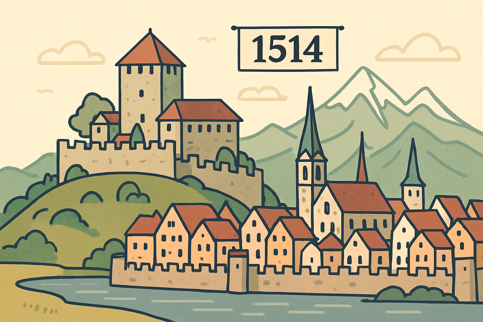 Feldkirch im 16. Jahrhundert, stilisierte Pastell-Illustration